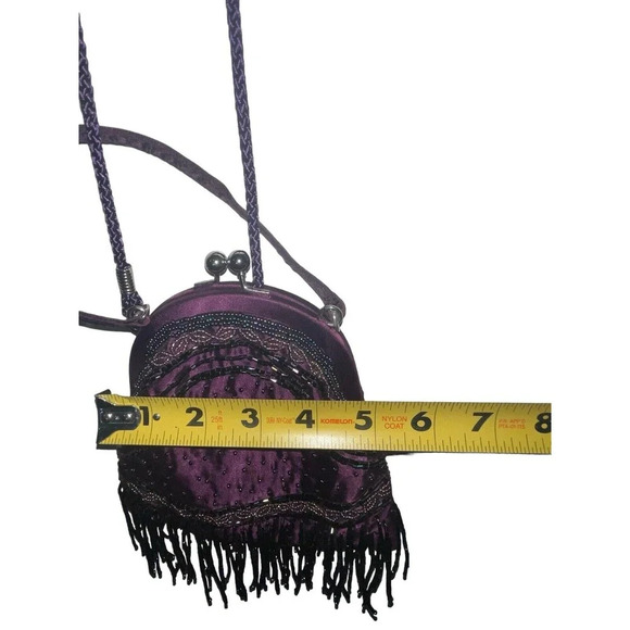 Vintage Kate Laundry Purple SCALLOPED SILK EVENING BAG Beaded Fringe Sequins - Picture 7 of 16